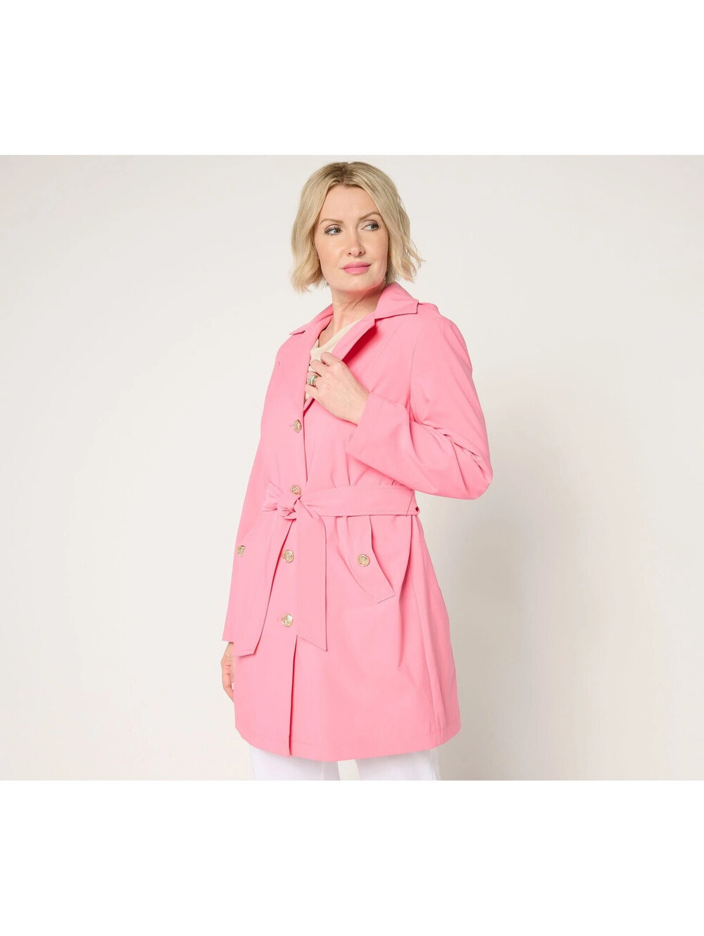 Dennis Basso Petite Water Resistant Trench Coat with Hood Rosey Pink, PXS #2C